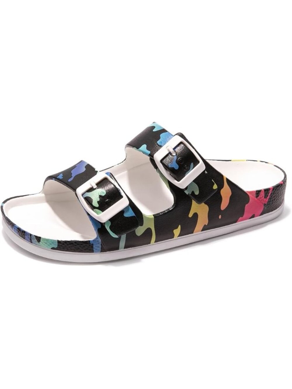 Women's Camouflage on Black Chunky Slip-on Beach Slides Adjustable Buckle Sandal